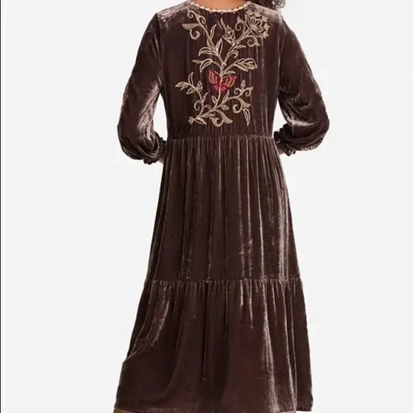 Johnny Was Brown Velvet Long Sleeve Dress with Floral Embroidery - Picture 5 of 8
